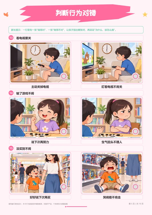 行为选择对错练习纸示例二:一行一对,圈出做得对的那张