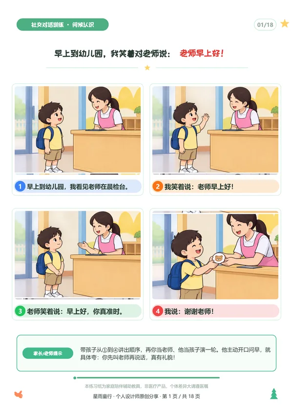 轮流对话练习纸示例一:晨间向老师问好的四格小故事