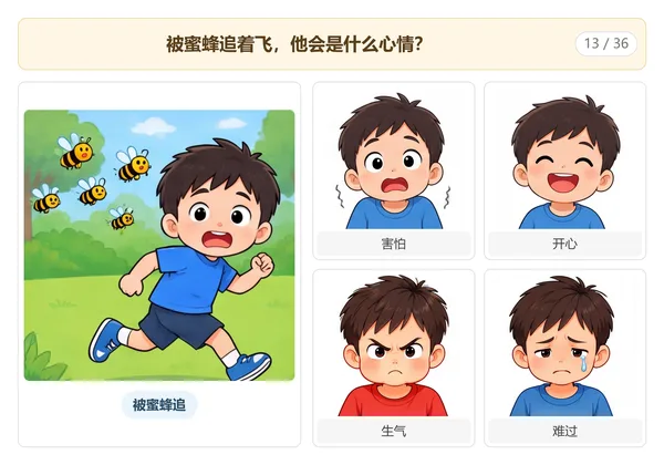 情绪解读卡示例:被蜜蜂追着跑,他是什么心情