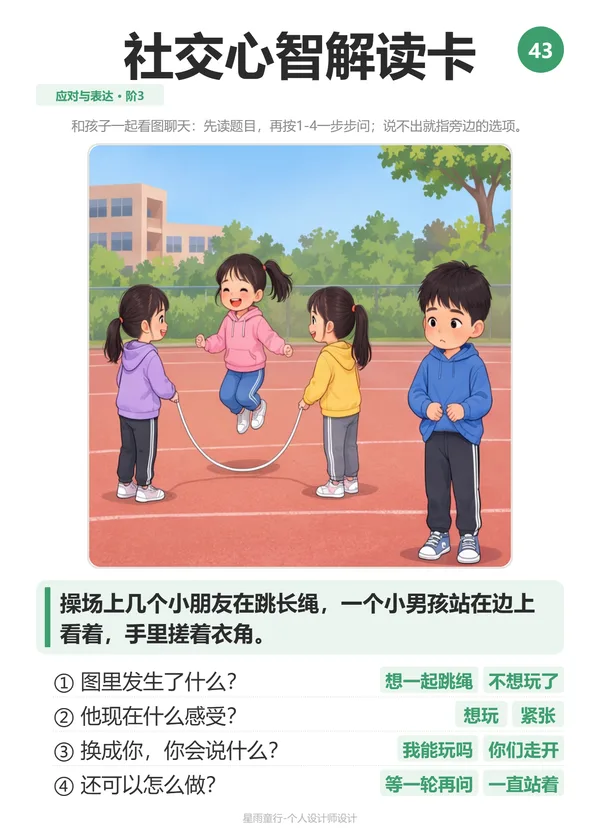 社交心智解读卡示例:操场边小男孩想加入跳绳,站在旁边搓衣角