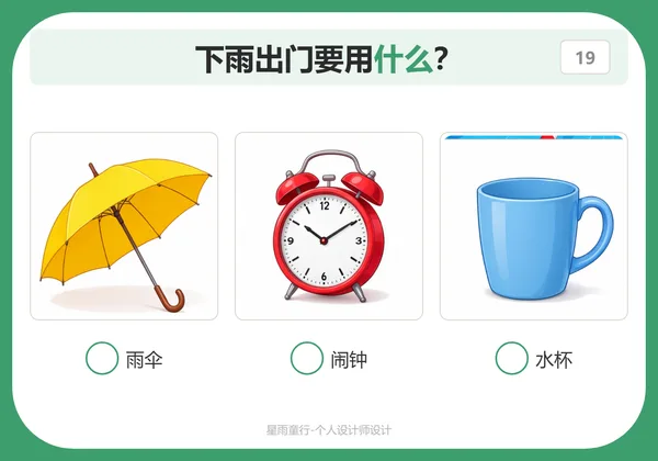 WH常识问答卡示例:下雨出门要用什么,从雨伞、闹钟、水杯里圈答案