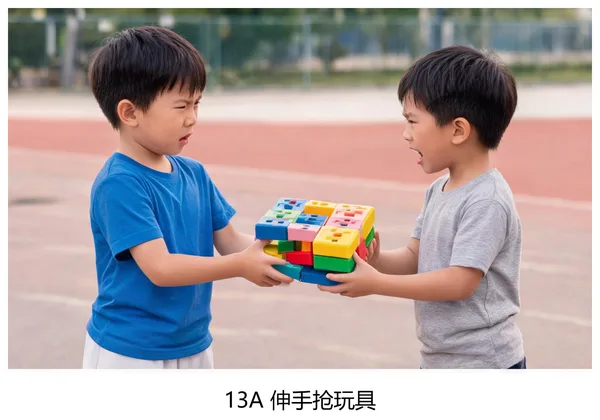 校园问题应对卡示例:伸手抢玩具与先问借我玩一对