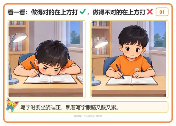 日常行为对错判断卡示例:坐姿端正左右双图对照