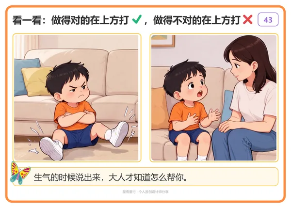 日常行为对错判断卡示例:生气说出来与蹬腿不理人对照