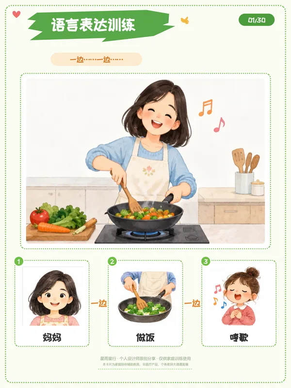 一边一边句式练习纸：妈妈做饭哼歌三张词卡组句