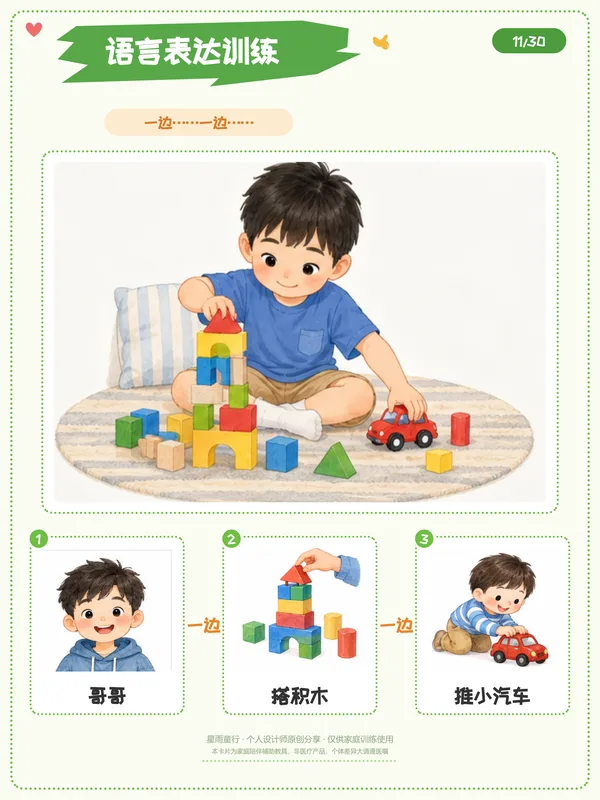 一边一边句式练习纸：哥哥搭积木推小汽车词卡组句