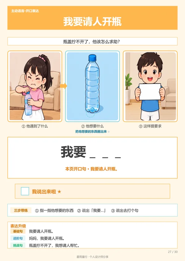 主动语言·开口表达组合页卡第27页:瓶盖拧不开说我要请人开瓶